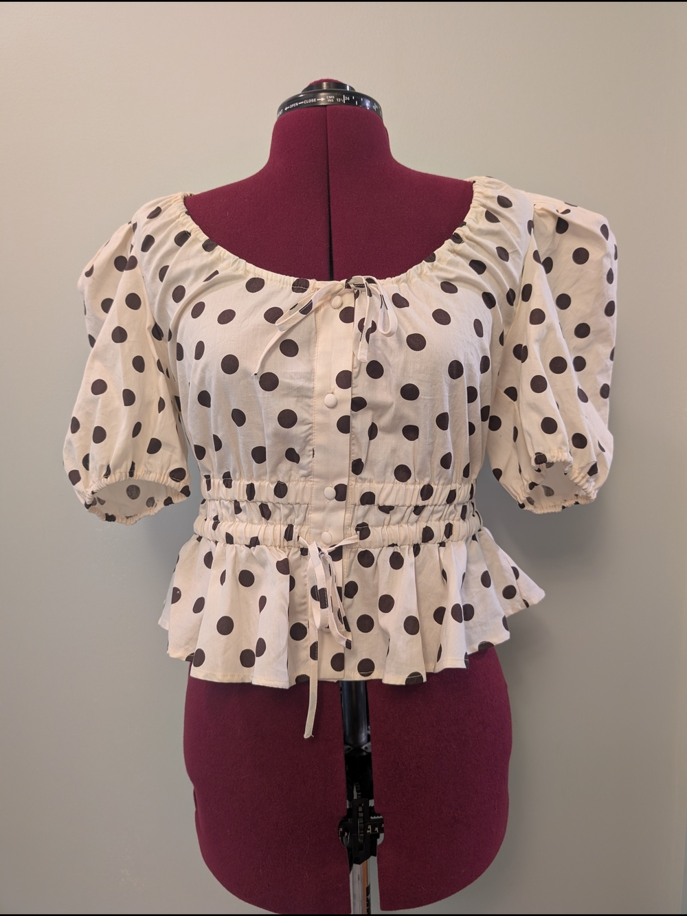 Polka Dot Puff Sleeve Peplum Top - Cream with Brown Dots